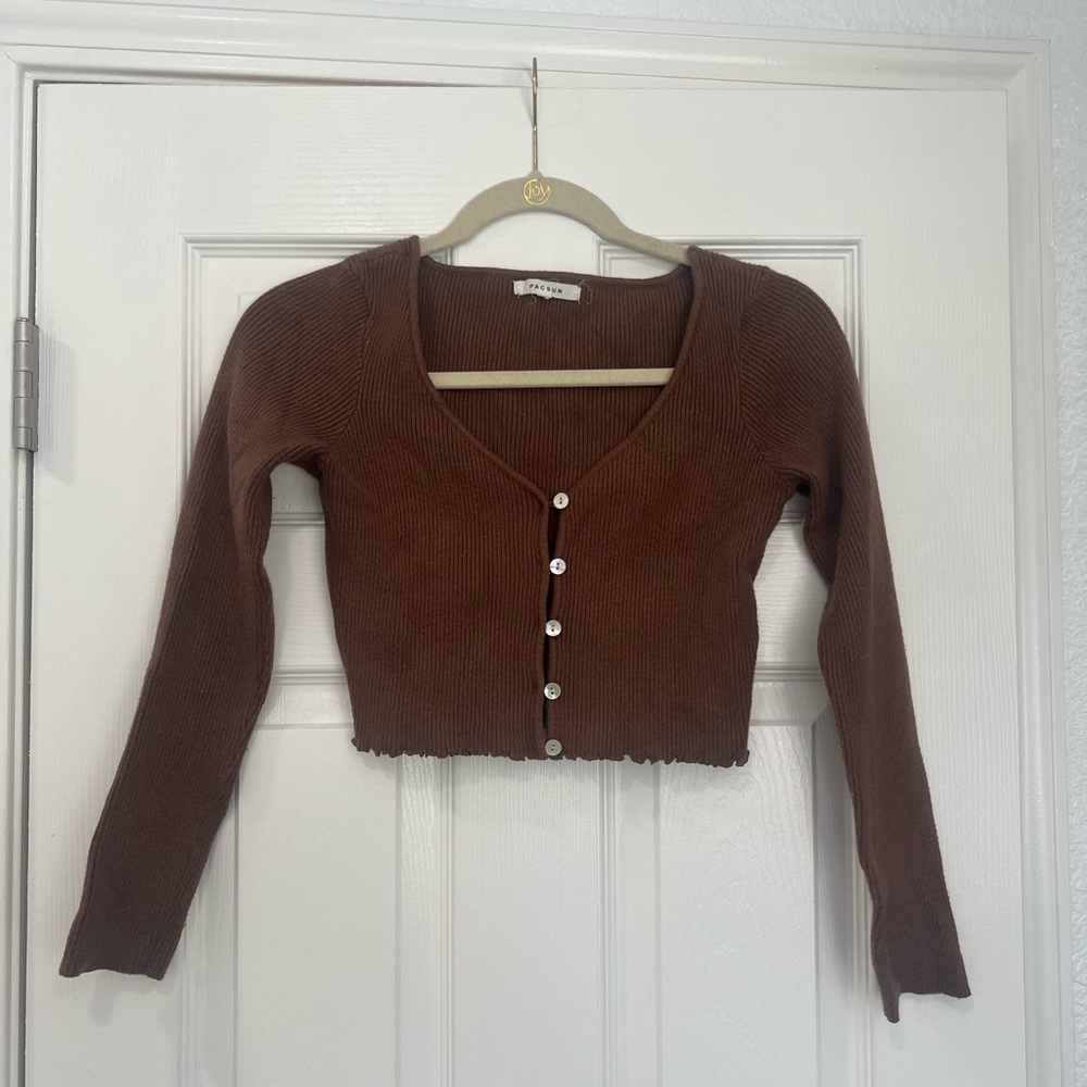 Pacsun Brown Ribbed Button-Front Long Sleeve Crop Top